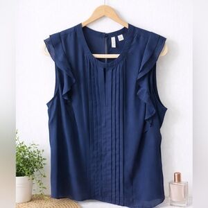 ELLE XL Navy Blue Ruffle Sleeve Blouse | Keyhole Back | Lightweight Dressy Top